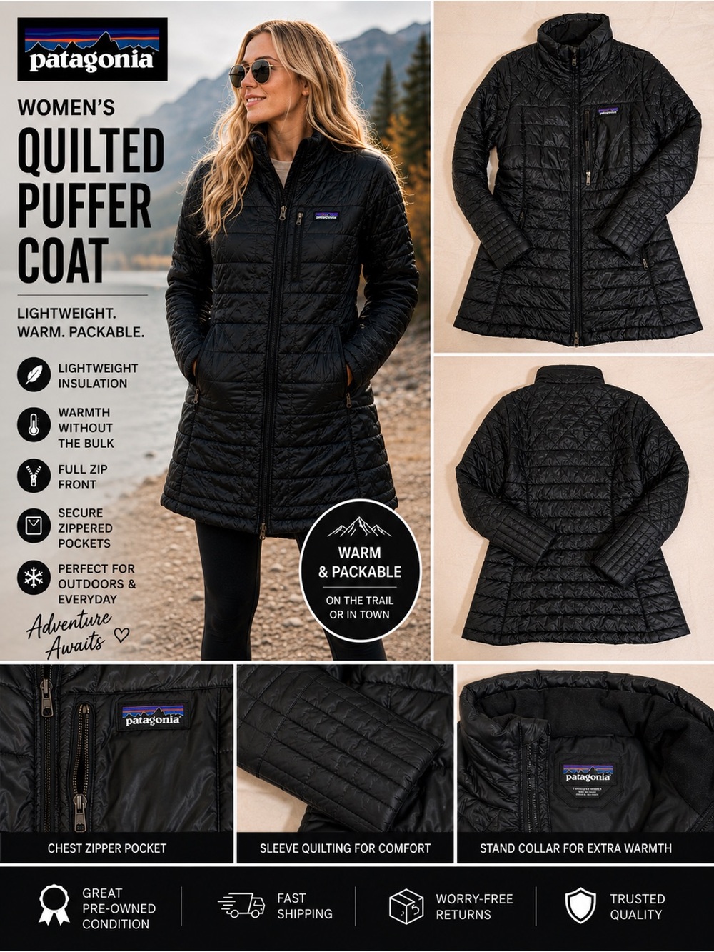 Patagonia Women’s Quilted Puffer Coat Jacket Black Full Zip Lightweight Sz Small